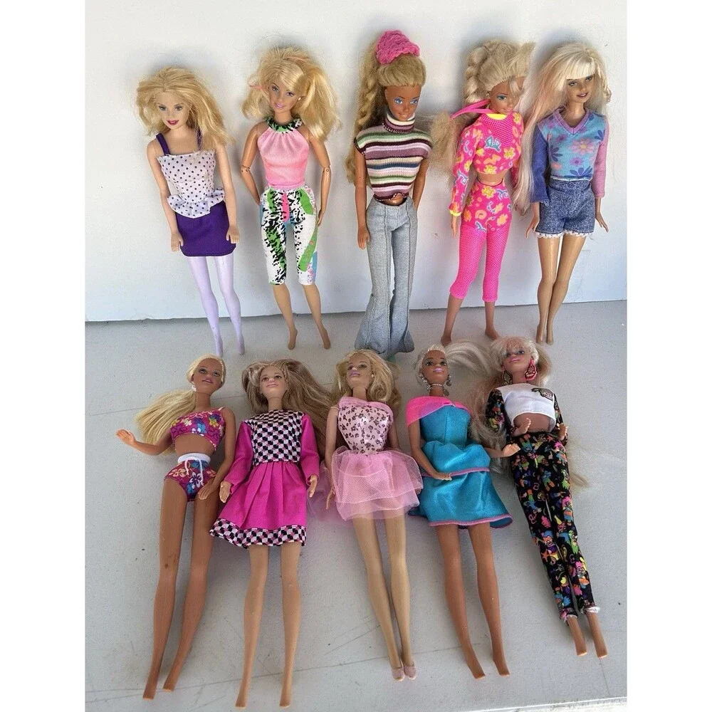 Mattel Barbie Lot of 10 Dressed Fashion Dolls Colorful 80s 90s Style Clothes